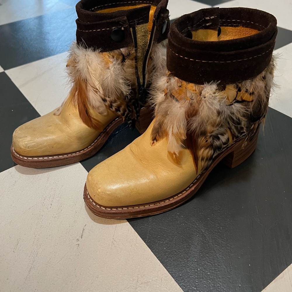 FRYE AND CO. Tan and Brown Ankle Boots with Feather Detail -vintage/custom made